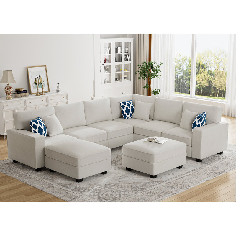 Flexible Combination Module Reversible Sectional Sofa, Cream Polyester Blend