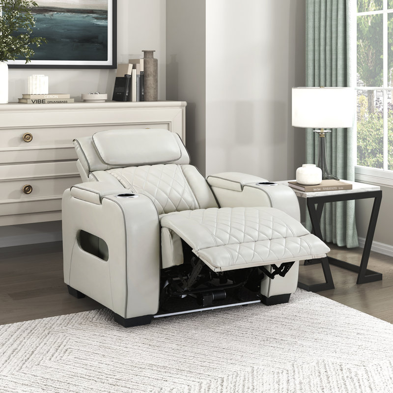 Fauteuil inclinable en similicuir respirant de 37,5 po avec appui-tête, éclairage à DEL et bras de rangement Savion, Taupe