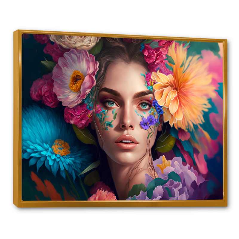 «Floral Sensual Woman Portrait I», impression sur toile, H 24 po x l 32 po x P 1 po, Toile avec cadre flottant or