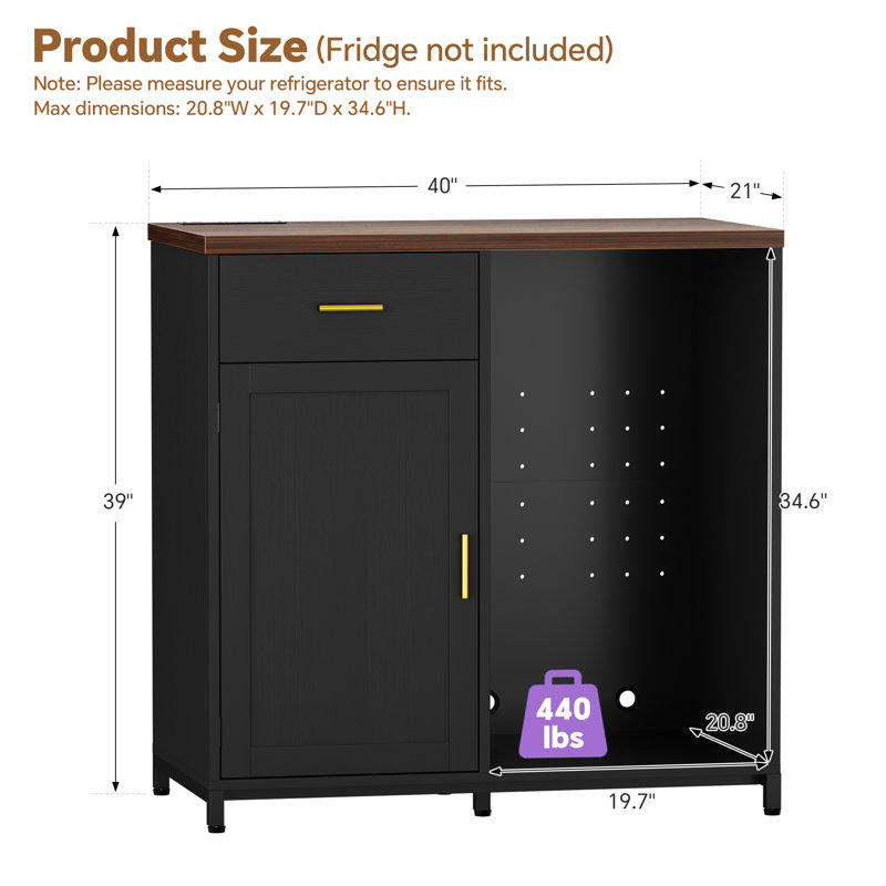 Bar avec prise de courant et mini espace réfrigérateur, mini support armoire avec tiroir et porte-verre à vin, Black