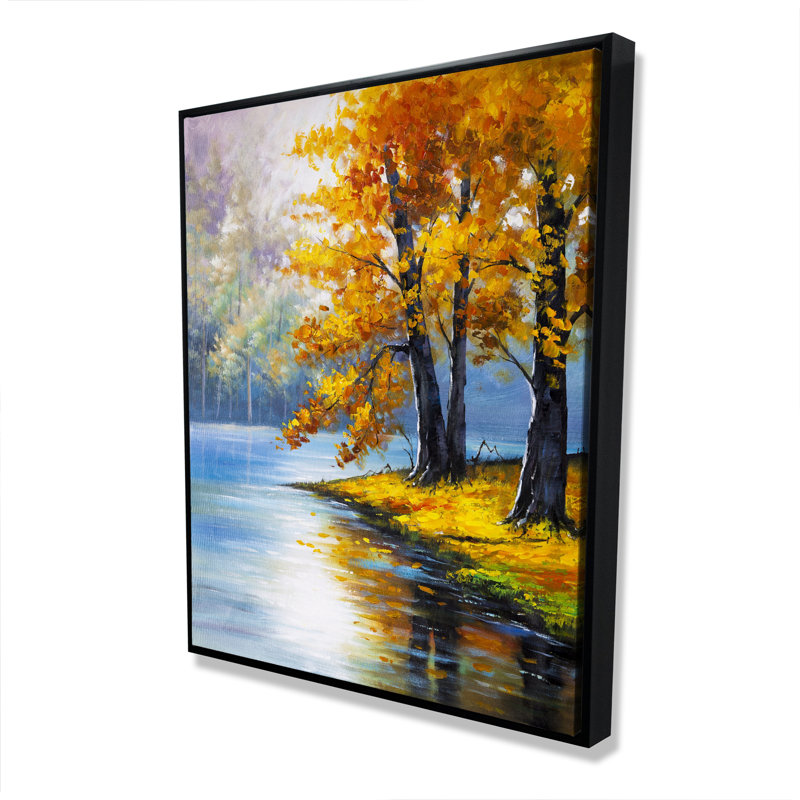 «Two Trees by the Lake», art contemporain encadré orange
