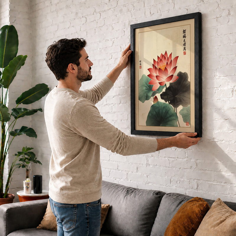 Lotus in Bloom Botanical - Framed Print, A2 - 59.4 x 42.0 cm, Walnut