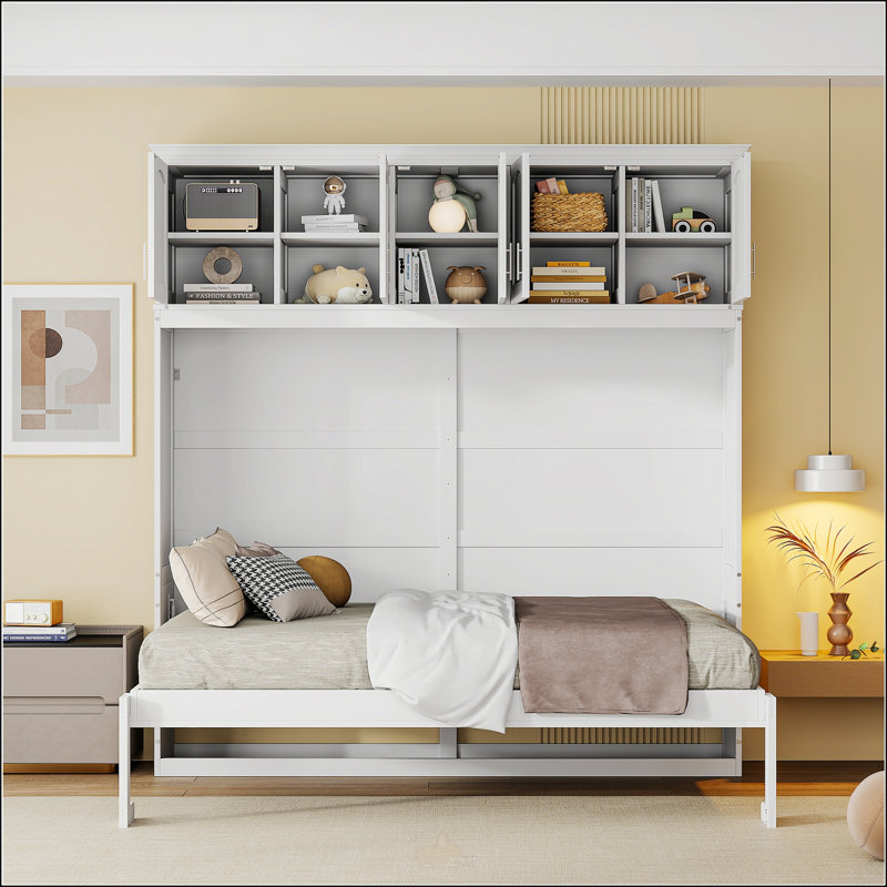 Lit escamotable double avec armoires supérieures, Lit double, Blanc