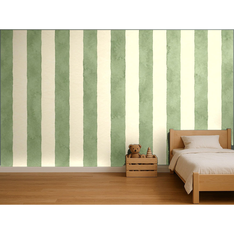 Sage Stripe Wallpaper Mural, Peel and Stick Kids Room Wall Mural, Watercolor Nursery Wallpaper Made to Measure, 305 x 203 cm