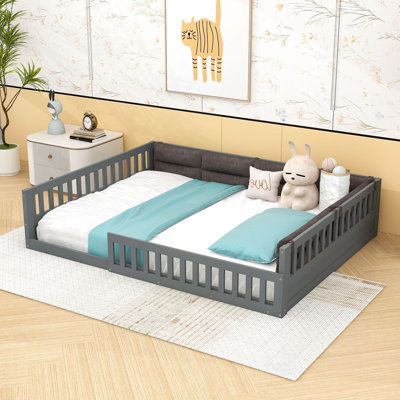 Full Size Wooden Bed With Built-In Upholstered Pillows And Full-Length Guardrails