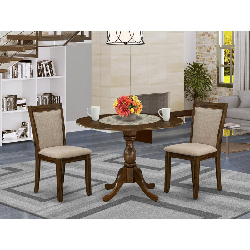 L'ensemble de table de salle à manger 3 pièces comprend une table de salle à manger ronde avec Dropleaf et 2 chaises rembourrées en tissu de lin brun clair, noyer naturel
