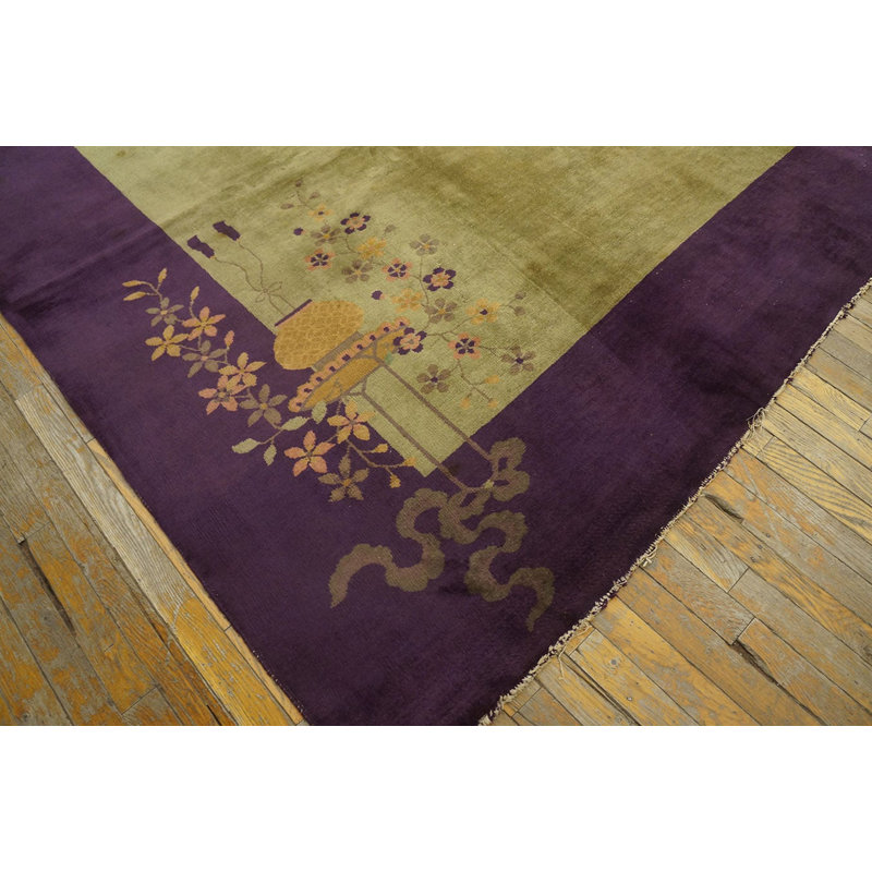 Antique Art Deco Room Size Wool Olive, Purple Rug