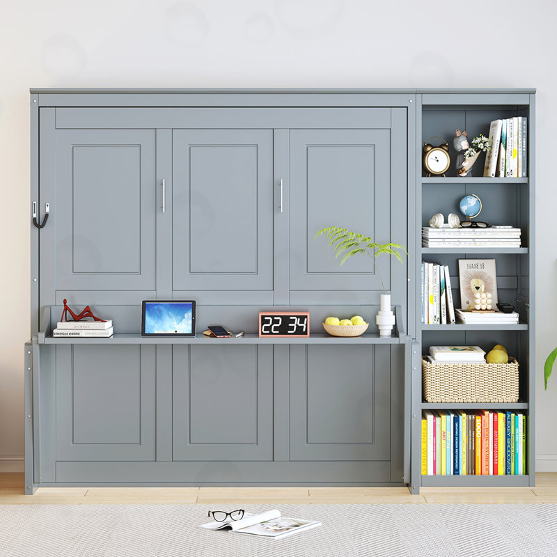 Grand lit escamotable avec bureau et bibliothèque, Grey, Queen