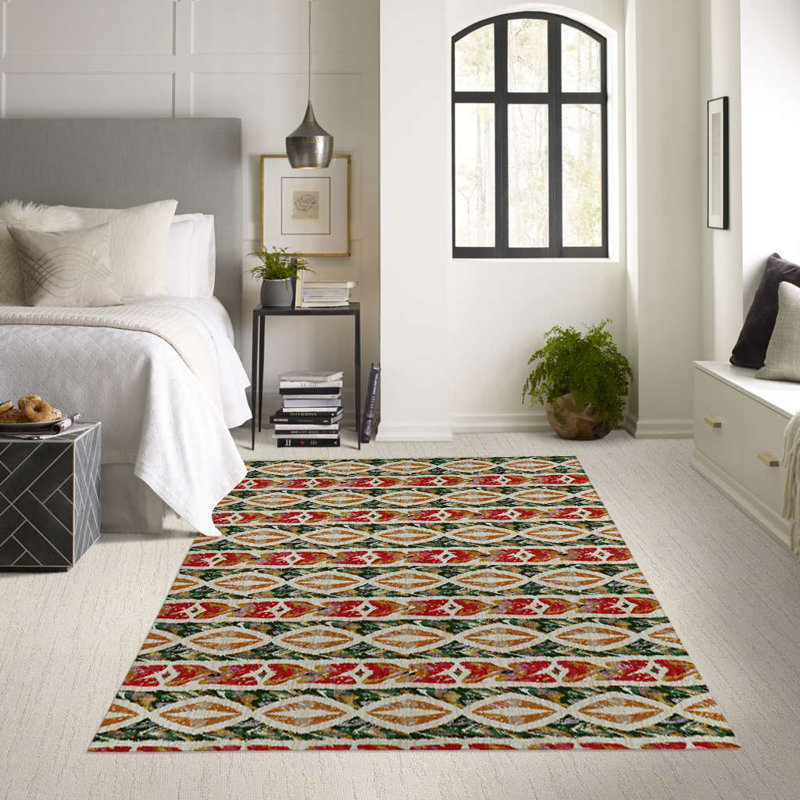 Tapis d'intérieur / extérieur en polyester tissé à la machine à motif géométrique rectangulaire vert / rouge / orange