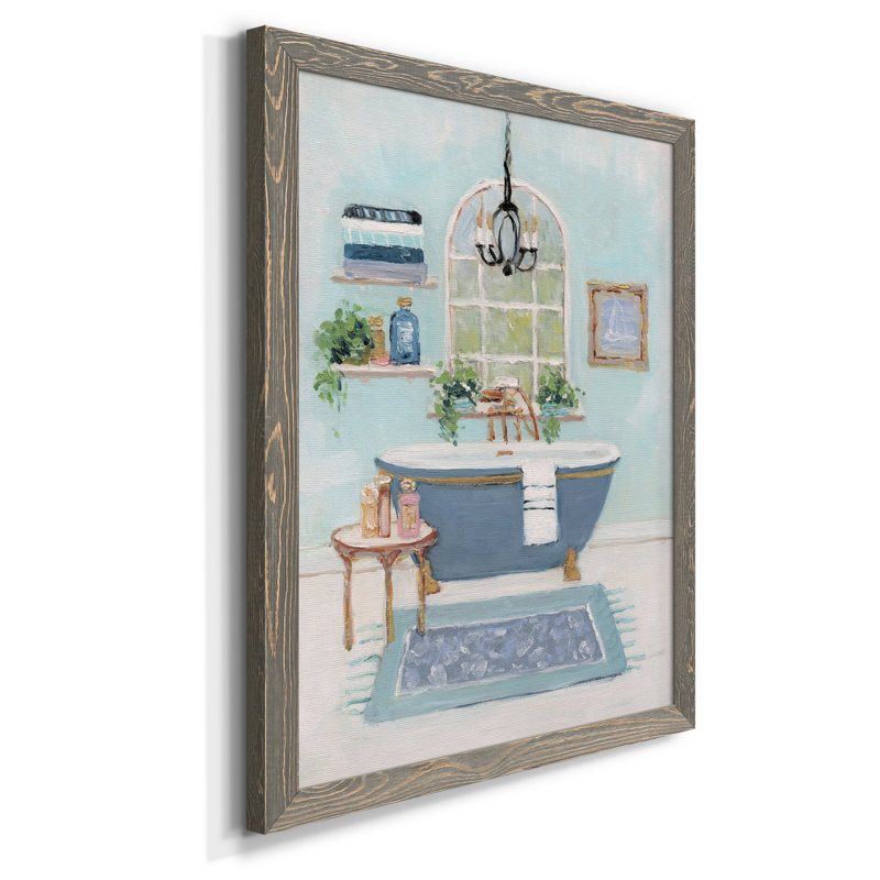 «Blue Bath I», peinture sur toile encadrée, H 37,5 po x l 27,5 po x P 1,5 po, Gris