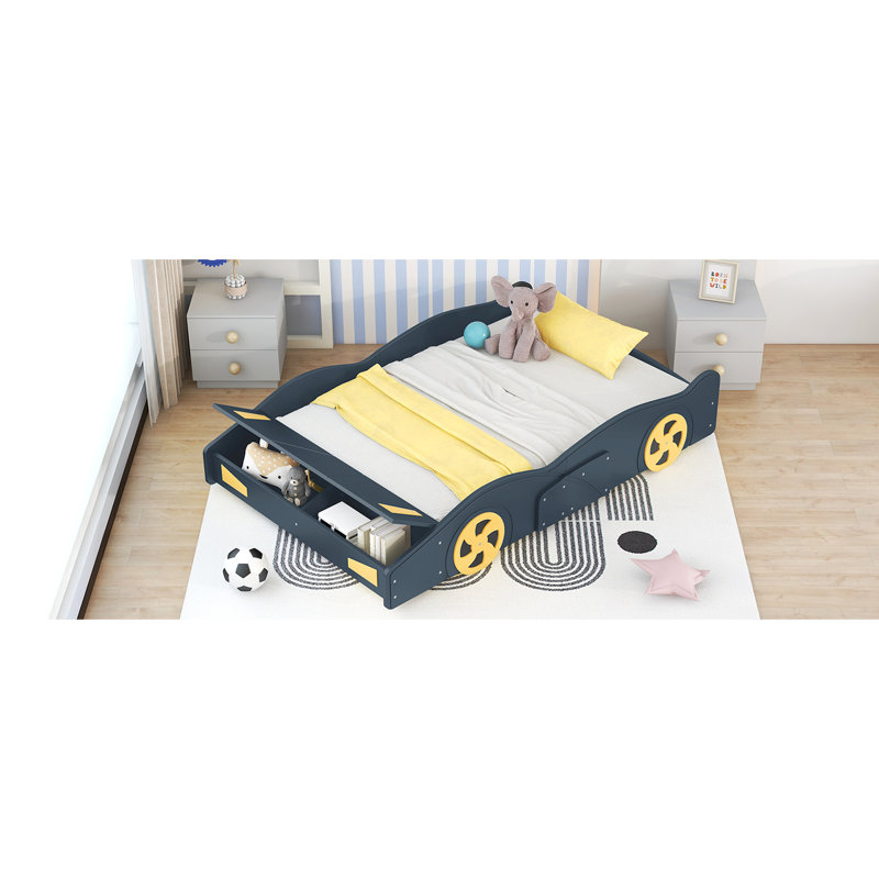 Lit plateforme pleine grandeur en forme de voiture de course avec rangement - construction robuste bleu foncé pour une utilisation confortable dans une chambre en bois de pin bleu