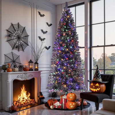 Arbre de Noël au crayon 6 pi, arbre de Noël artificiel noir avec 250 lumières DEL bicolores, base en métal et 638 branches pour la maison, le bureau, la fête d'Halloween, noir