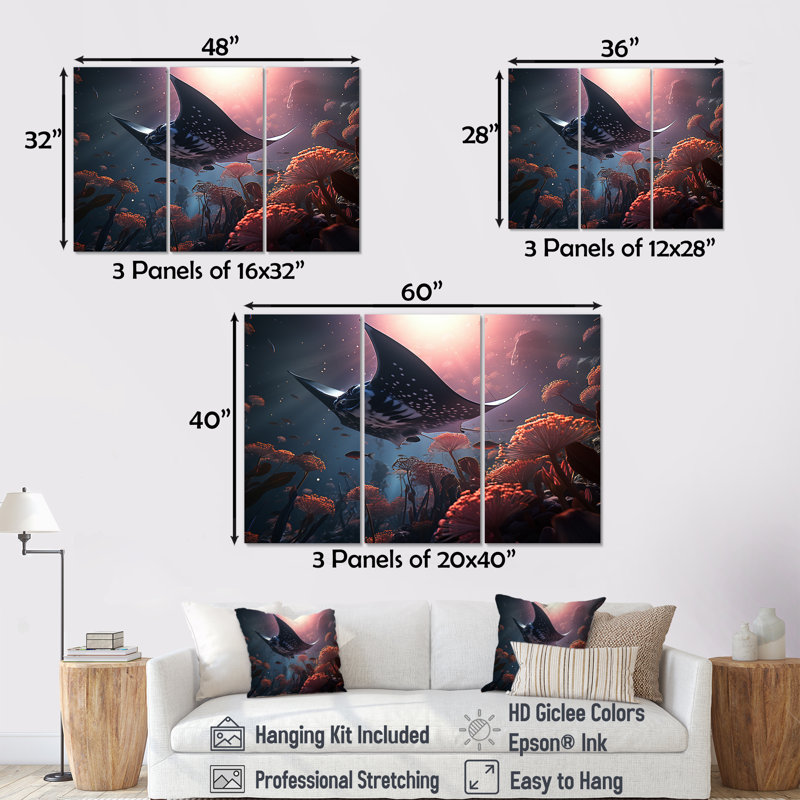 «Manta Rays Drifters Landscape I - Coastal Coral Under Water», ensemble d'art sur toile, H 40 po x l 60 po, Toile tendue