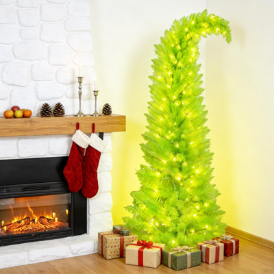 84 Inch Whimsical Bent Top Pencil Christmas Tree, Pre-Lit 250 Warm LED Lights, Slim Xmas Tree with Decorative Red Ornaments & Stable Metal Base for Indoor Holiday Decor