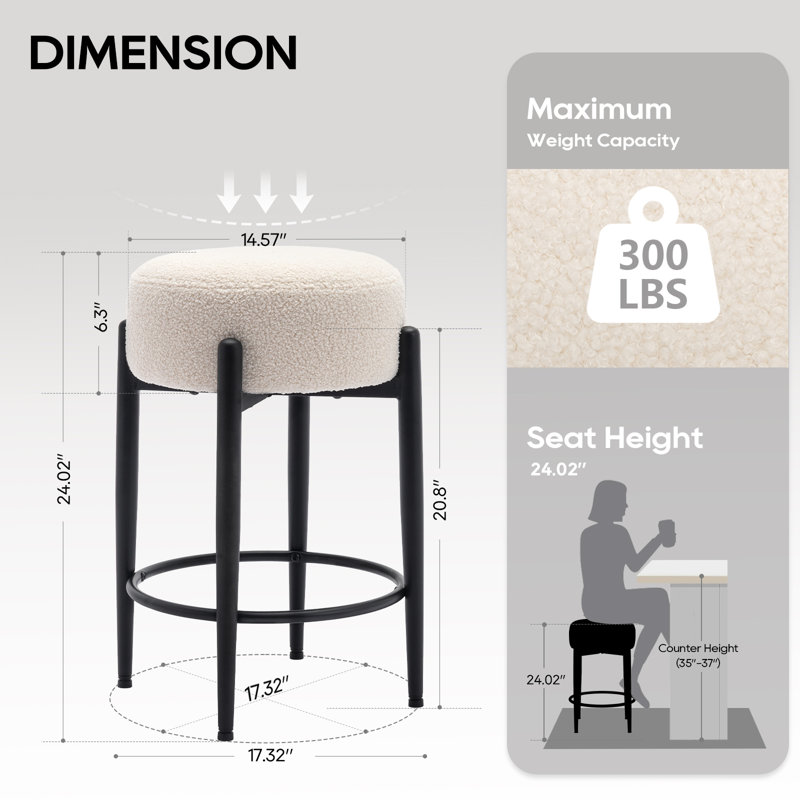 Tabouret de bar 24 po, 24 po, tabouret rond de hauteur comptoir avec structure et repose-pieds en métal noir, siège doux pour îlot de cuisine inspiré de la laine d'agneau