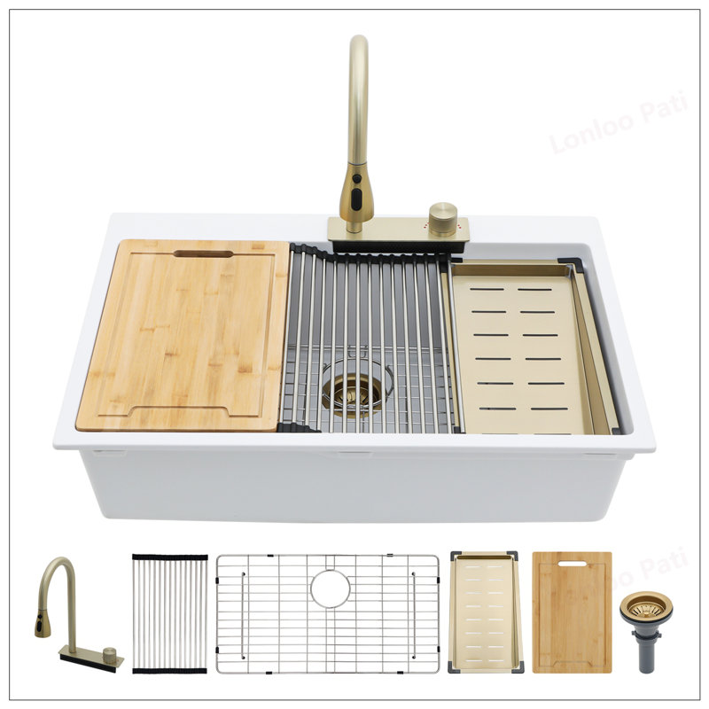 Drop In Waterfall Kitchen Sink - 33x22" White Composite Granite Single Bowl with Pull-Out Faucet and Workstation Features