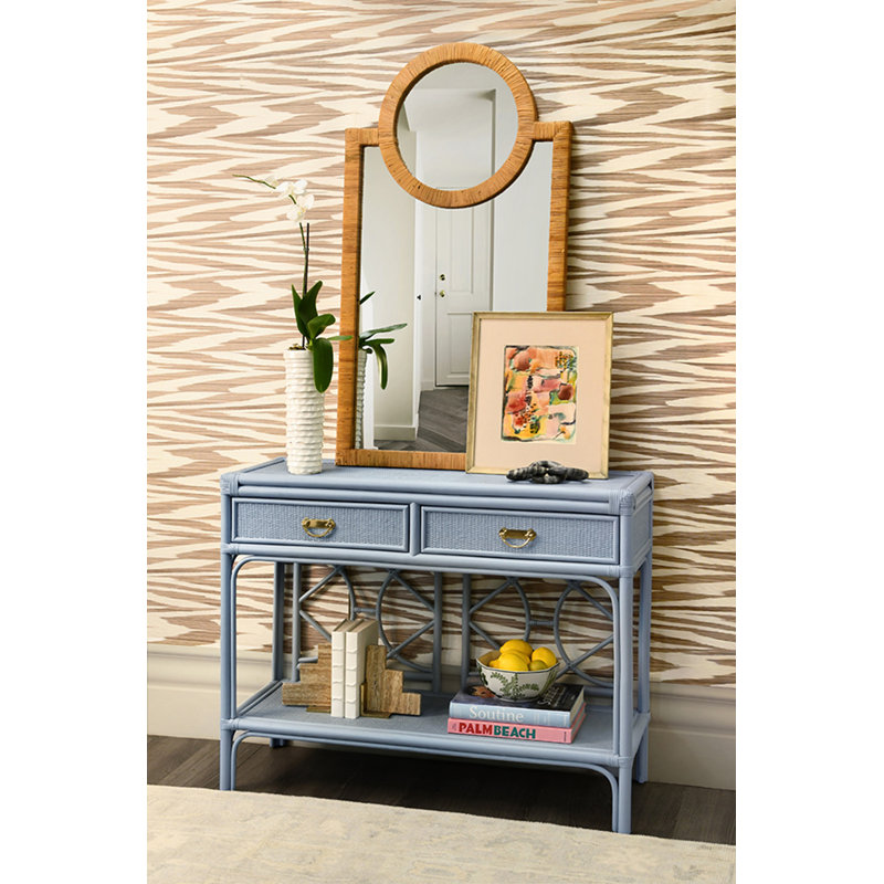 Console à deux tiroirs avec dossier en rotin décoratif, Bleu