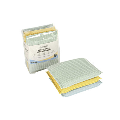 Restaurantware Kitchen Sponge 3 Count 4.5 x 3.5 Inches Plastic Scrub Sponge Dual-Sided Durable Cleaning Sponge Blue Yellow Green