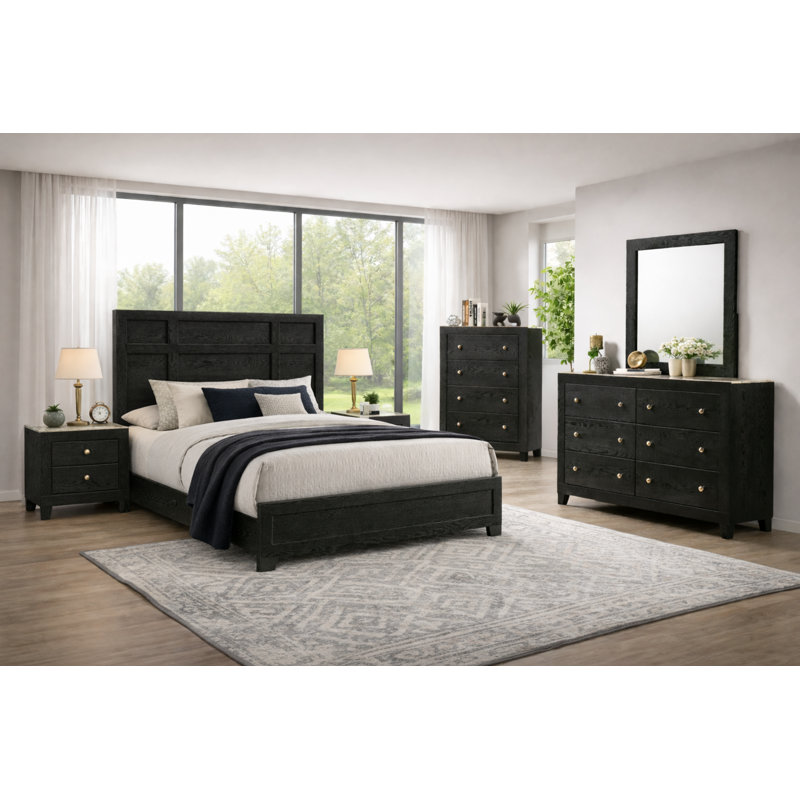 Ensemble de chambre à coucher à panneau moderne avec finition noire, 6 pièces, Très grand lit