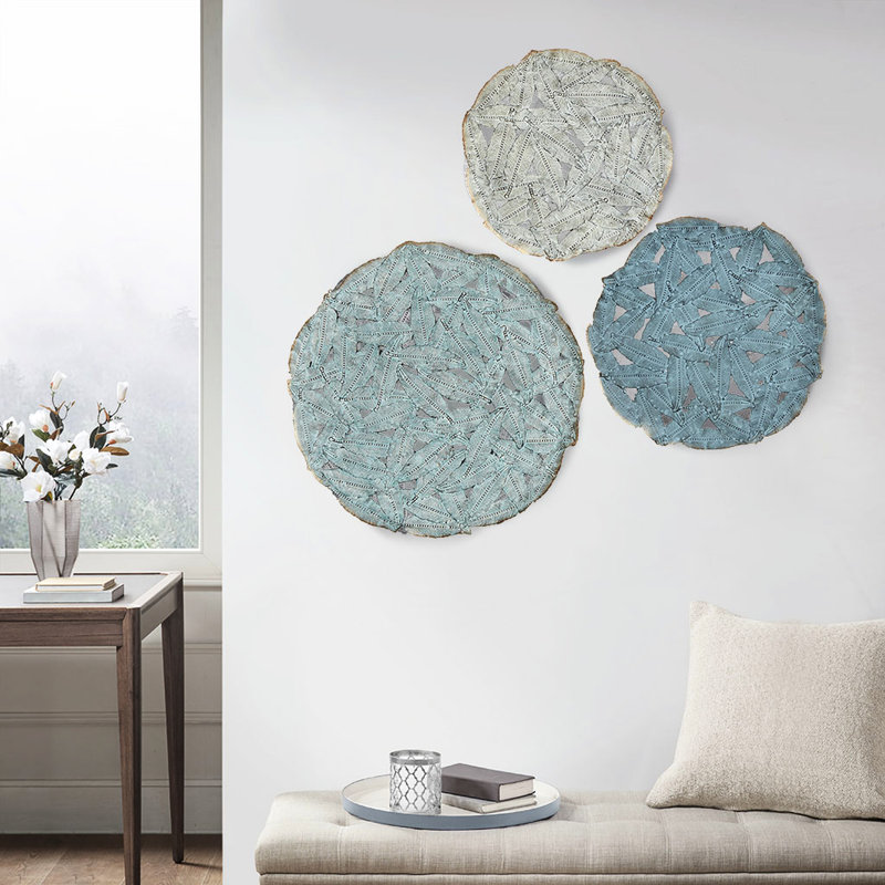 Textured Feather Wall Decor - Blue, 3, 20", 17.25", 14.25" , Indoor Hanging Ornament Blue 3 Disc Decoration Art For Use