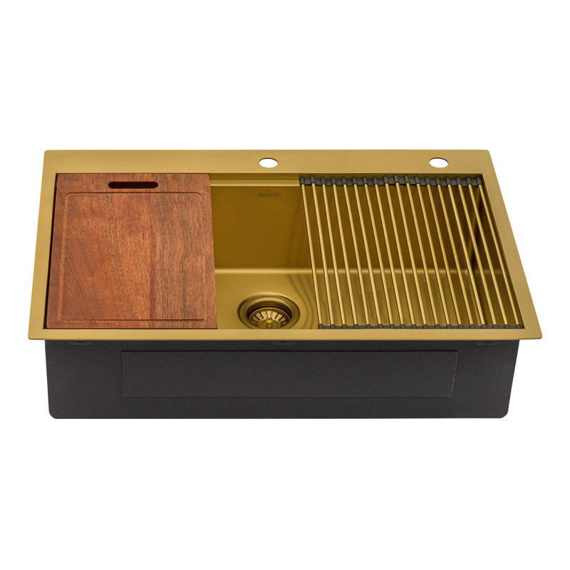Workstation Topmount 33" L x 22" W Drop-In Kitchen Sink with Sink Grid and Drain Assembly, Matte Gold 