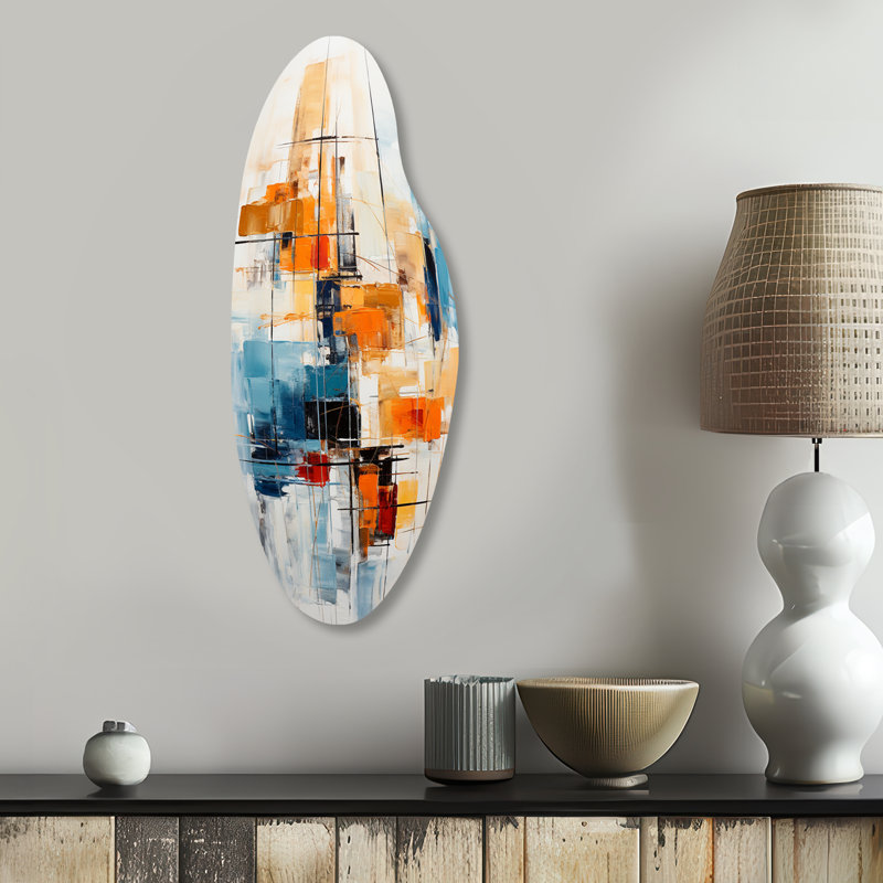 «Colorful Mid Century Retro Reflections III - Mid Century», art mural asymétrique moderne en métal, impression moderne incurvée en métal