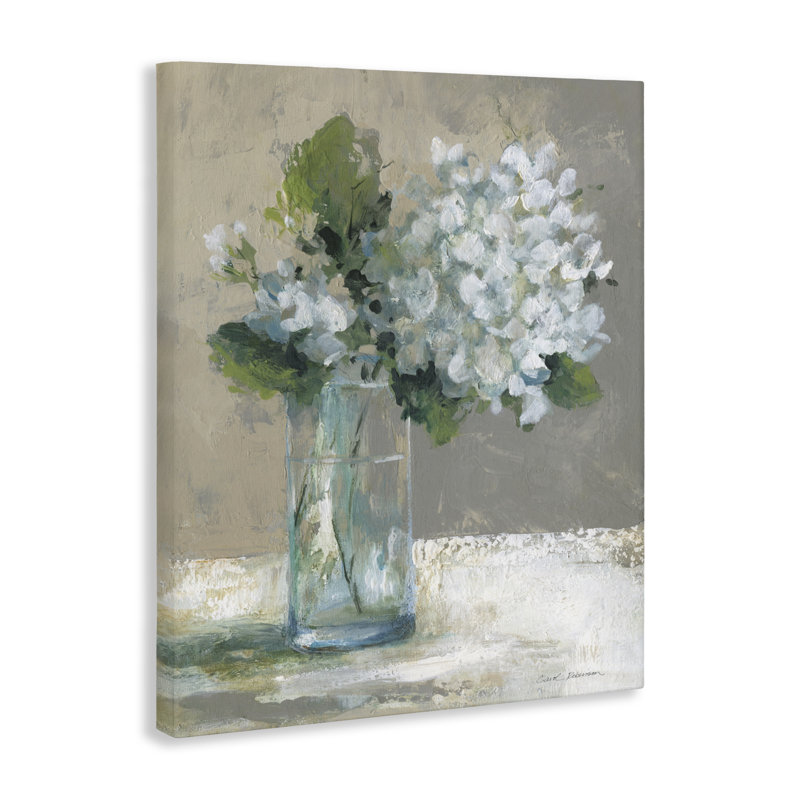 Hortensias blancs sereins sur toile de verre, design par Carol Robinson, H 30 po x l 24 po