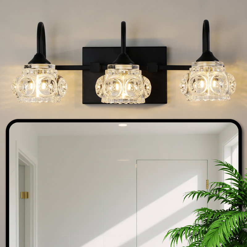  Luminaire de salle de bain 3 lumières noir avec abat-jour en cristal pour salle de bain, salle d'eau et miroir de meuble-lavabo