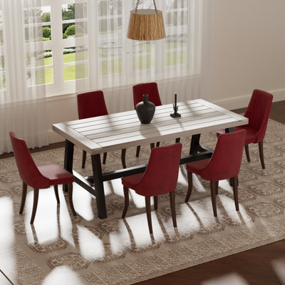 7 Pieces Modern Farmhouse Light Gray Rectangle Dining Set with Mid-century High Back Dining Chair Set for 6