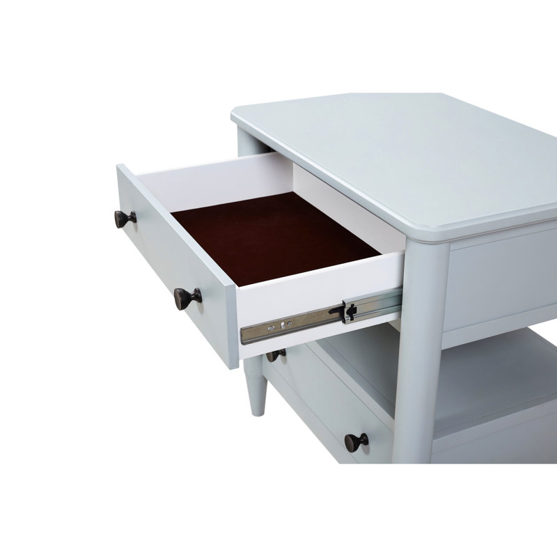Table de chevet bleue avec deux rangements - Bois massif et finition océan 2 feutres doublés et intérieur