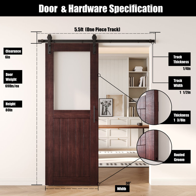 Porte de grange non assemblée et fini en verre demi-verre 30 po x 80 po Homacer Red Homacer de Homacer, 30 po x 80 po