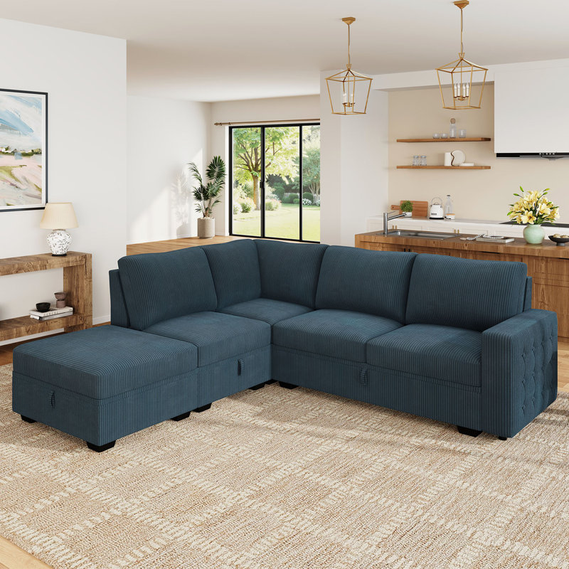 Canapé modulaire en L Brunella, Velours côtelé bleu, H 35 po x l 87 po x P 84,2 po