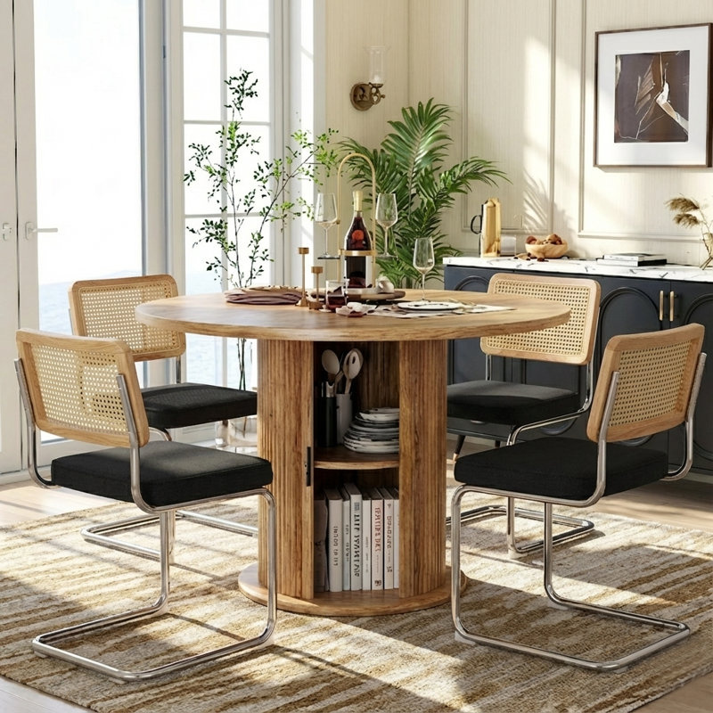 5-piece Round Pedestal Dining Set With Cane Back Cantilever Chairs, Black