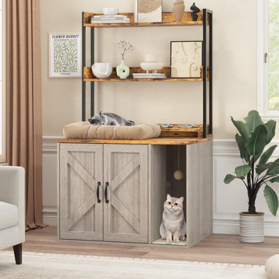 Cat Litter Box Enclosure, Hidden Litter Box Furniture with 2-Tier Storage Shelves