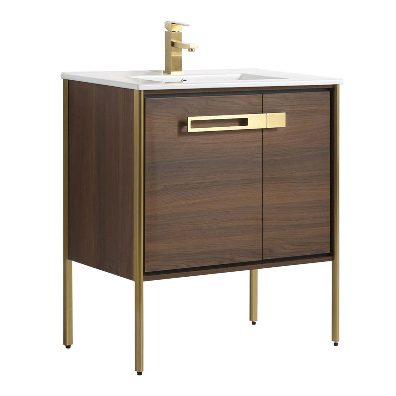 30" Single Bathroom Vanity, Satin Brass, Walnut Ebony
