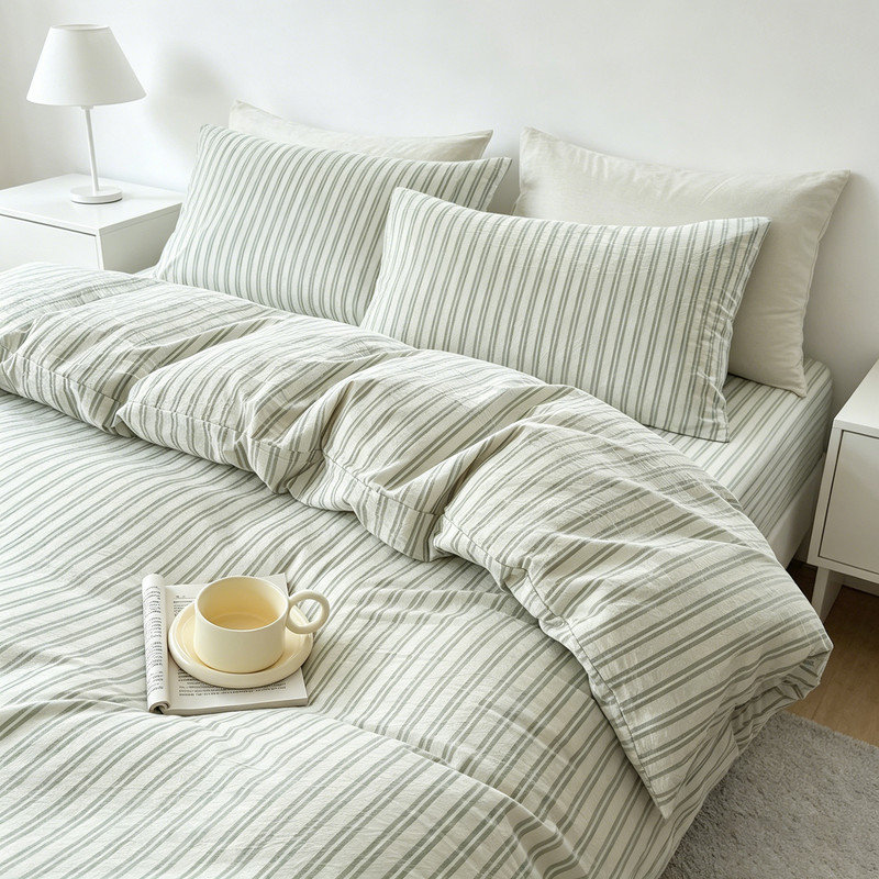 Ensemble de housse de couette en coton lavé rayé 100% coton, King Duvet Cover + 2 Pillowcases, White/Sage Green Striped