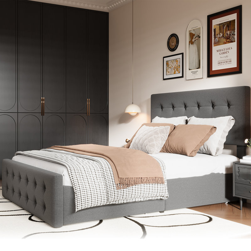 Base de lit tapissier grand format en similicuir avec tête de lit capitonnée à boutons, 4 tiroirs de rangement roulants, support à lattes en bois, aucun sommier nécessaire, gris foncé