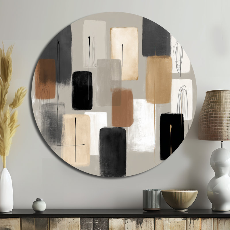 Formes noires avec mélange abstrait de minimalisme gris - Décoration murale ronde en métal moderne, L 23 po x H 23 po