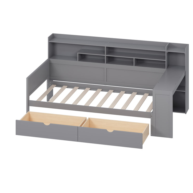 Lit de jour avec bureau, bibliothèque et tiroirs, Lit simple, Gris