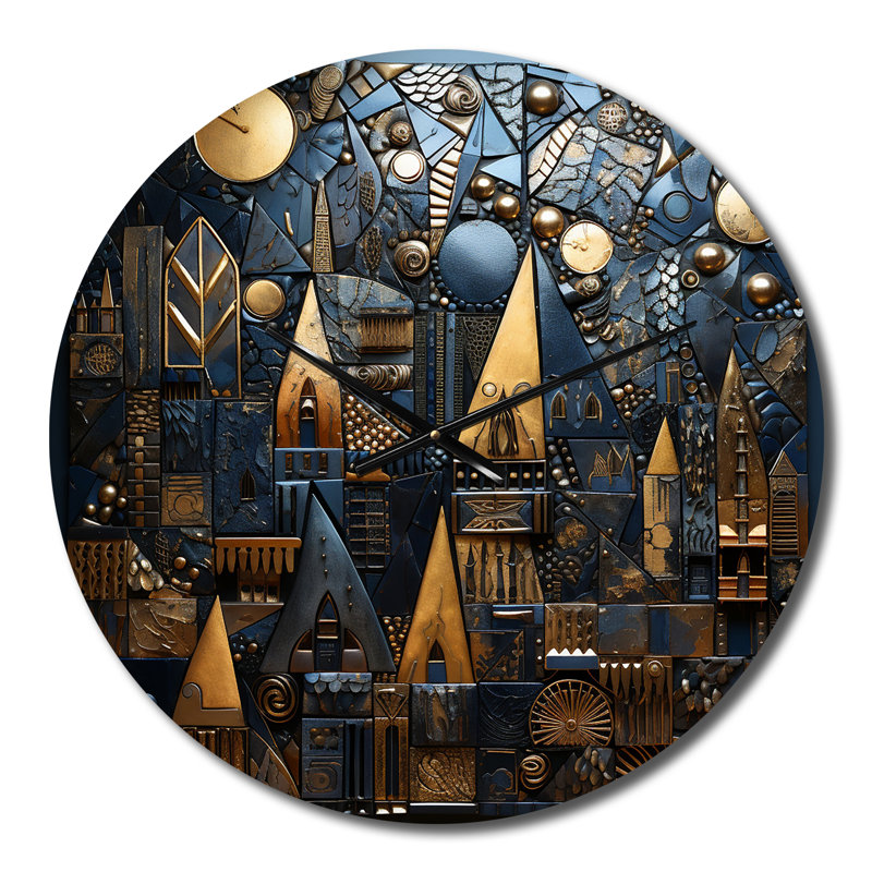 Horloge murale paysage urbain 3D avec château en or et bleu rétro, Moyenne