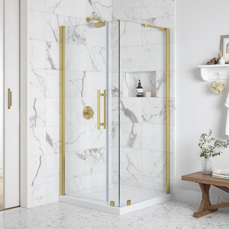 Ensemble de porte de douche pivotante sans cadre OVE Breeze P 36 po x P 36 po x H 74 3/4 po OVE, Or brossé
