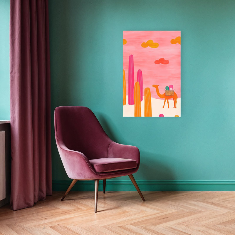 Camel In Pink Desert Colorful Dreamy Vibrant Cactus Animal Landscape Wall Art Print by Mathieu - Wrapped Canvas Print