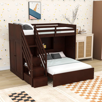 Twin Over Full Bunk Bed with Storage Stairs, Wardrobe, Charging Ports, Reading Light and Shelves