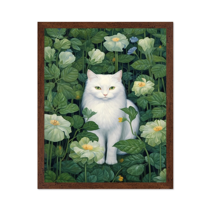 White Cat, Poster, 18"H x 24"W, Brown Framed