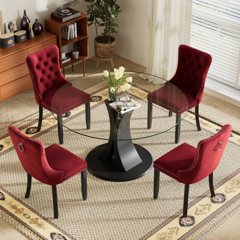 4-Piece Round Pedestal Dining Set, Burgundy, 29.5" H x 47" W x 47" D