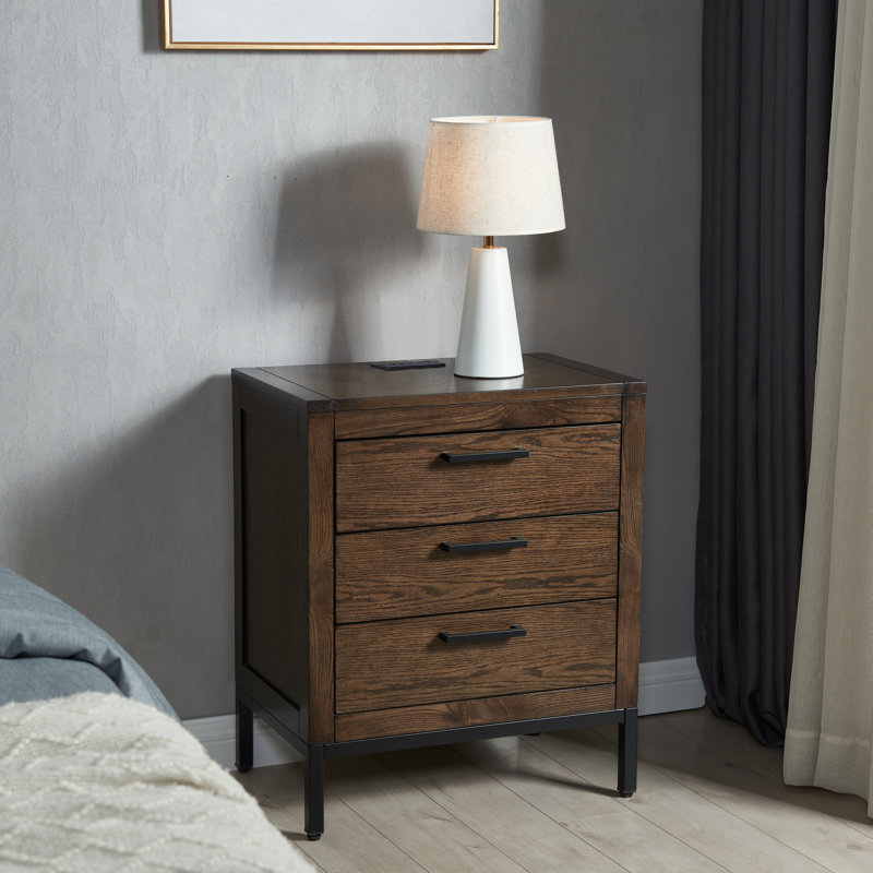 Kaveah Solid + Manufactured Wood Rustic Wood Side Table with AC/USB in Distressed Riverstone
