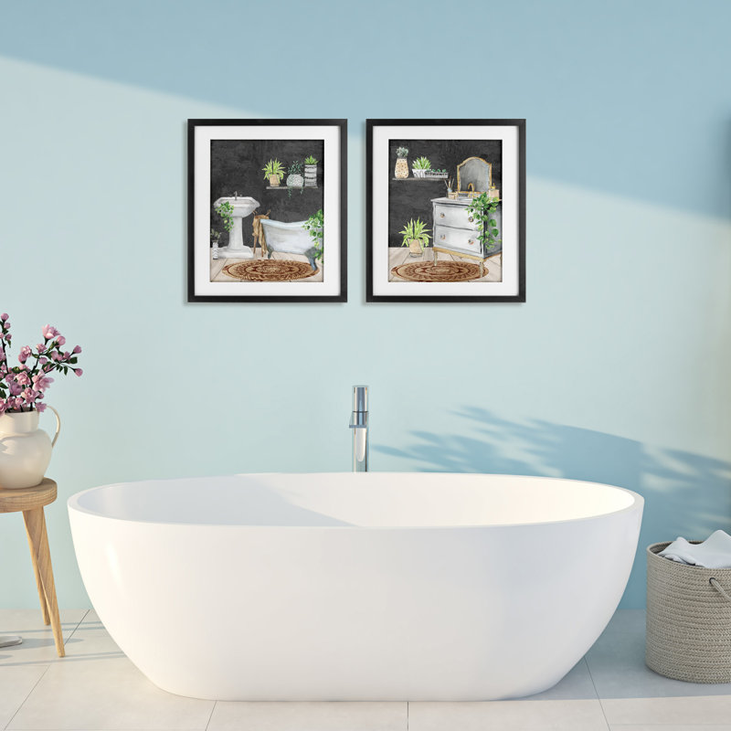 «Relaxed Greens Bath Interior», ensemble de 2 impressions encadrées sous verre, design par Kim Allen, Cadre noir minuit