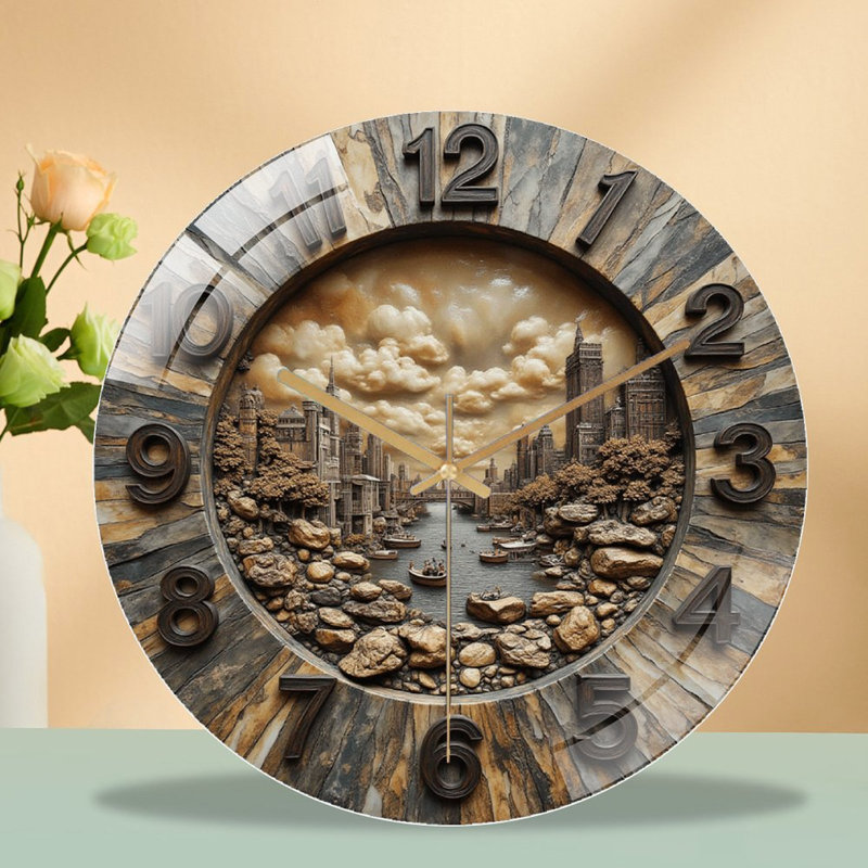 Vintage 2D City Wall Clock Home Decor Art Art - 12'' Modern Glass Wall Clock