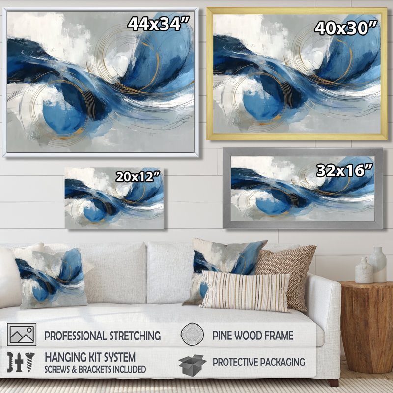 Abstrait tourbillon dans des tons bleus et blancs - art mural, impression sur toile bleu minimaliste, H 12 po x l 20 po