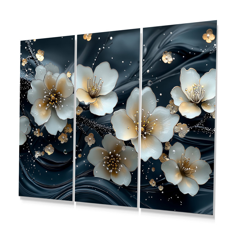 Ensemble de salon art mural blanc et blanc Blooming Marble Flowers River IV - Poppies, Métal métal